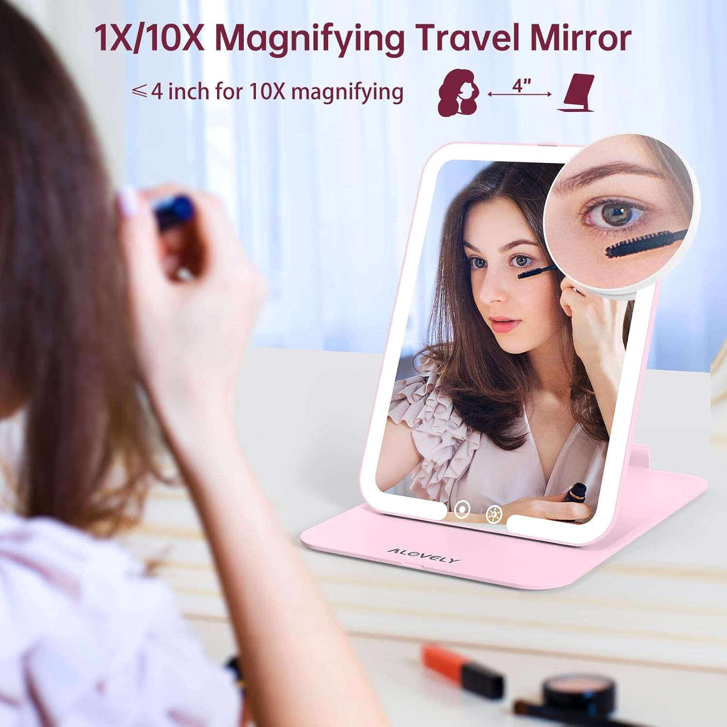 Travel Makeup Mirror with Lights, Rechargeable Compact Mirrors, Portable Lighted Beauty Mirror, 3 Colors Lighted Makeup Mirrors,Dimmable Touch Screen, Tabletop LED Folding Cosmetic Vanity Mirror