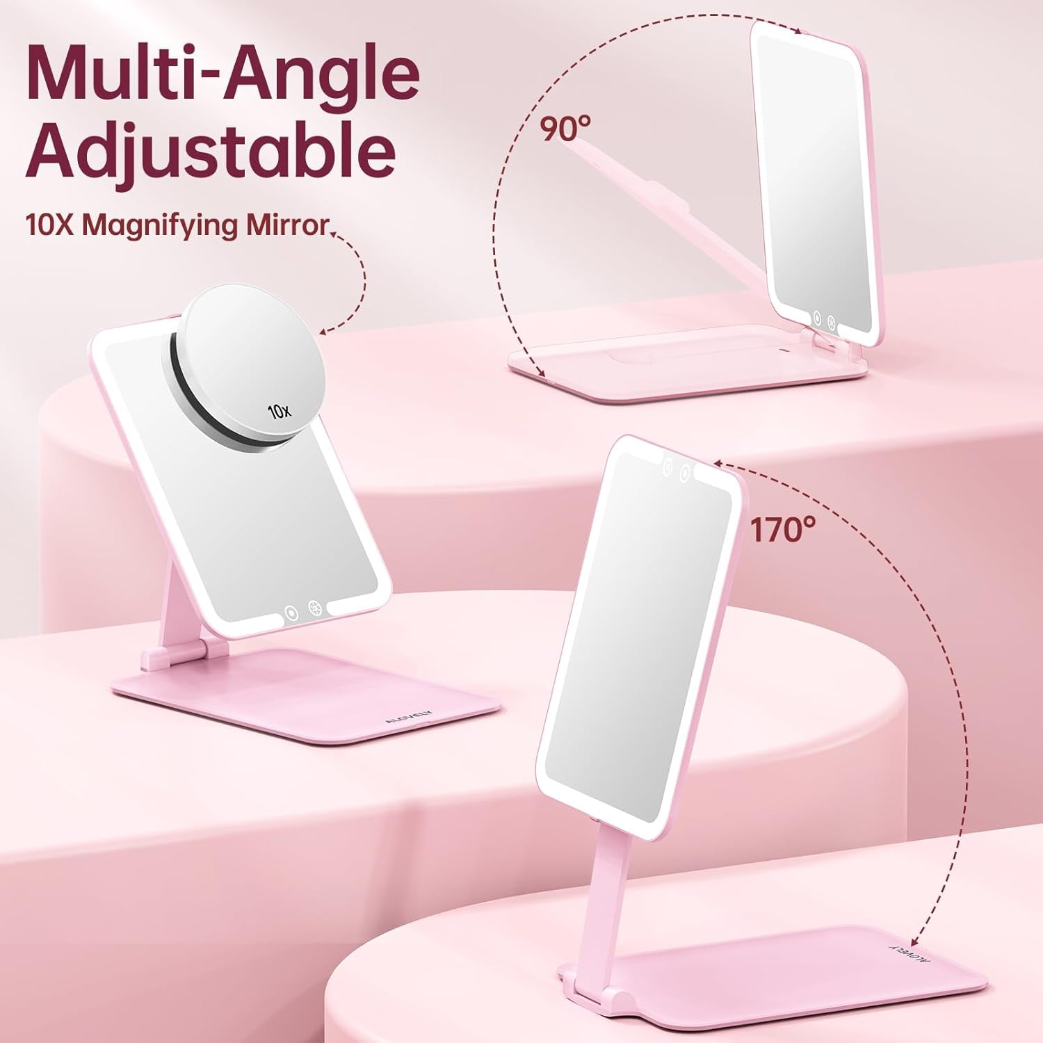 Travel Makeup Mirror with Lights, Rechargeable Compact Mirrors, Portable Lighted Beauty Mirror, 3 Colors Lighted Makeup Mirrors,Dimmable Touch Screen, Tabletop LED Folding Cosmetic Vanity Mirror