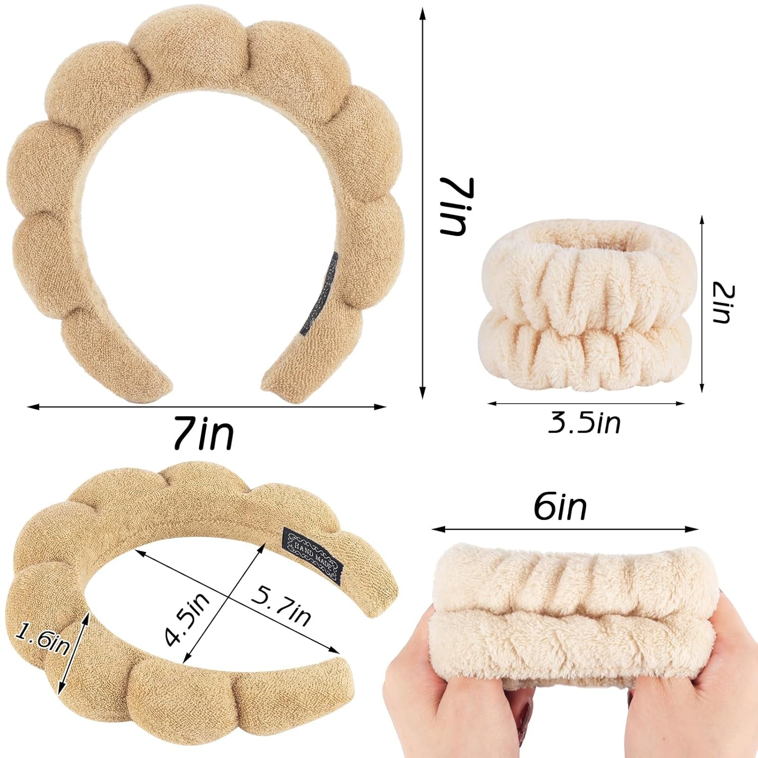 4Pcs Spa Headband for Washing Face Wristbands Set Women Bubble Skincare Makeup Sponge Terry Cloth Padded Puffy Headband Bow Tie Hairband Cute Non Slip Thick Hair Accessory Gifts(Brown)