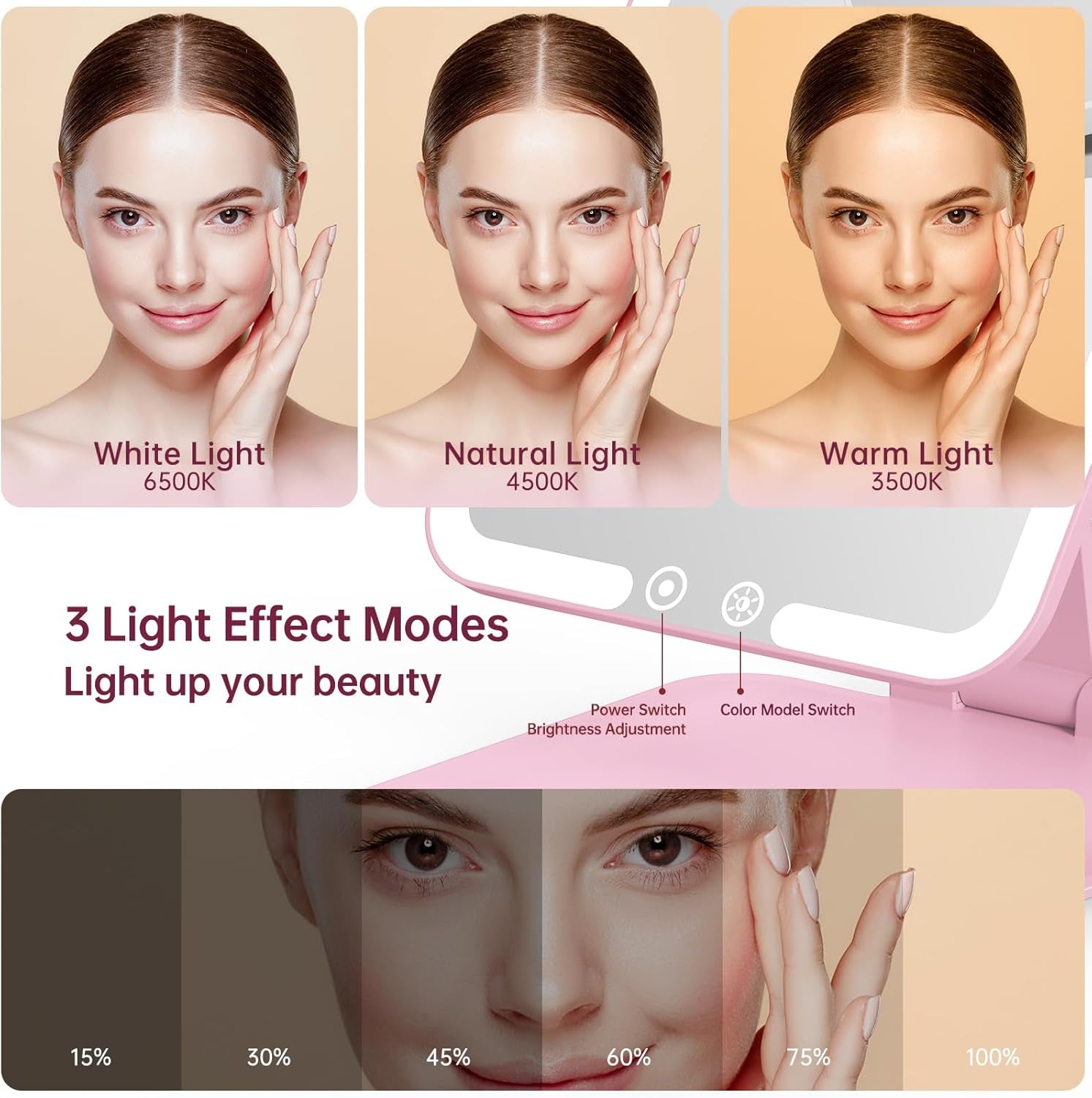 Travel Makeup Mirror with Lights, Rechargeable Compact Mirrors, Portable Lighted Beauty Mirror, 3 Colors Lighted Makeup Mirrors,Dimmable Touch Screen, Tabletop LED Folding Cosmetic Vanity Mirror