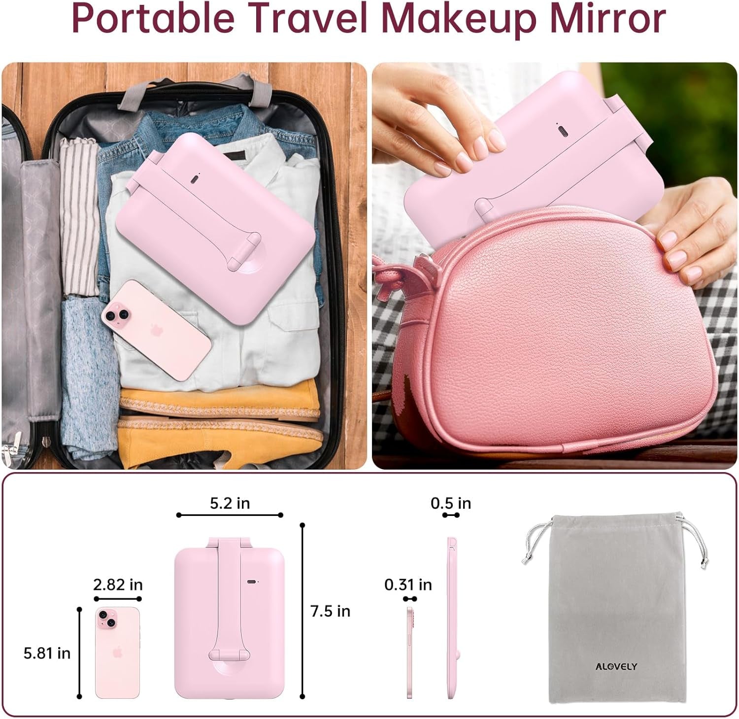 Travel Makeup Mirror with Lights, Rechargeable Compact Mirrors, Portable Lighted Beauty Mirror, 3 Colors Lighted Makeup Mirrors,Dimmable Touch Screen, Tabletop LED Folding Cosmetic Vanity Mirror